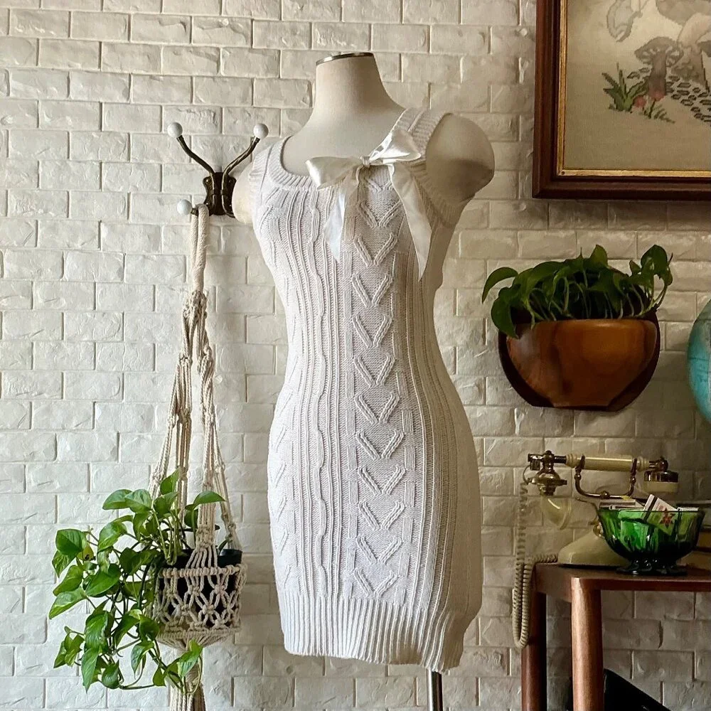 Vintage Y2K Wet Seal Sleeveless Cable Knit Mini Dress + Ribbon Bow Detail - Picture 1 of 11